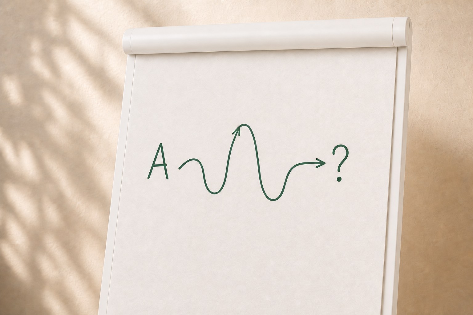 Flipchart with an A, a wavy arrow and a question mark as a symbol for work transitions